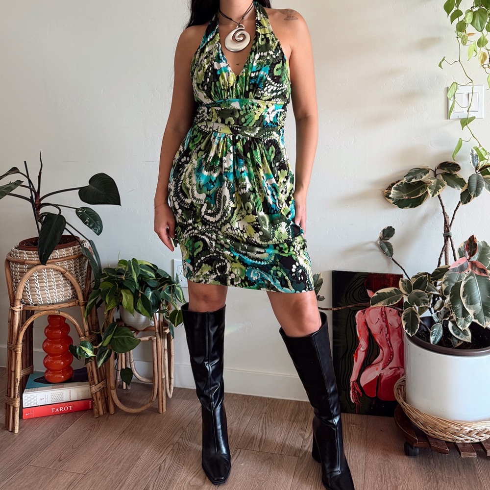 vintage green halter mini dress y2k maximalist eclectic retro splatter print